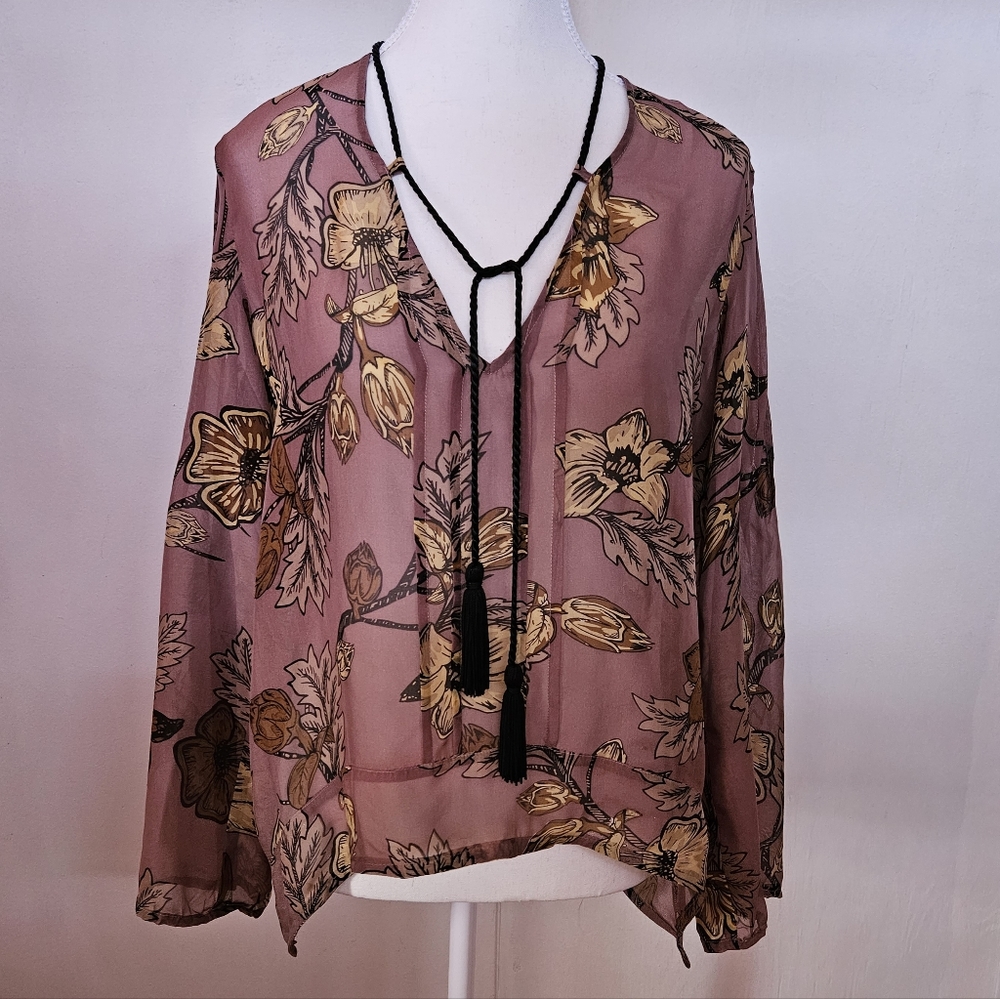NEW FOR LOVE AND LEMONS 100% Silk Santa Rose Pink Blouse Top Golden Floral XS